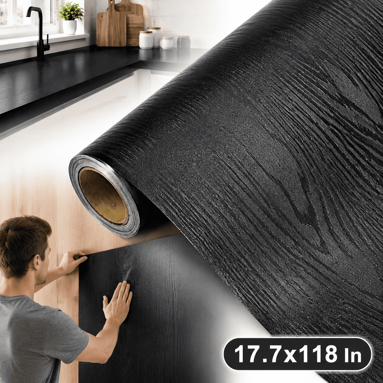 Wood Grain Contact Paper - Self-Adhesive & Removable Vinyl Wallpaper, 17.7x118 Inch, Peel and Stick Countertop Paper for Kitchen Cabinets, Furniture, Walls