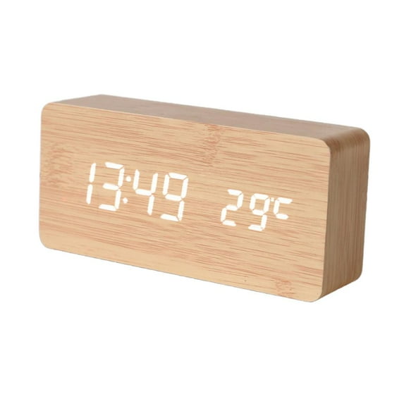 Wood Grain Digital Alarm Clock, LED Display Time Date Temp Humidity, 3 Alarms, USB Type-C, Adjustable Brightness, for Bedroom Office Home