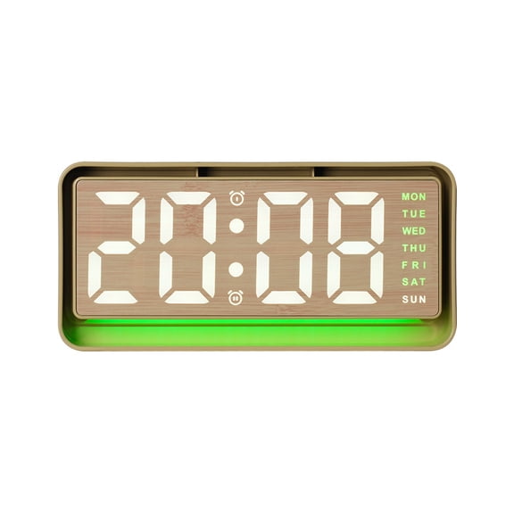 Wood Grain Digital Alarm Clock, Large LED Display Desk Clock with Week Indicator, Dual Alarms, Green Ambient Light, Adjustable Brightness, USB Powered Bedside Clock for Bedroom