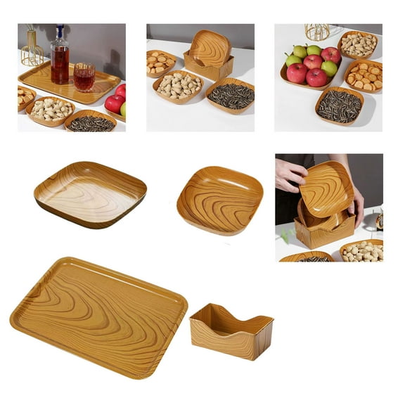 Wood Grain Disposable Plastic Serving Plate, 14.5x14.5cm, Heavy Duty Brown Party Platter, Eco-Friendly Tableware for Family Dinners, Birthdays, Picnics, 1 Pack