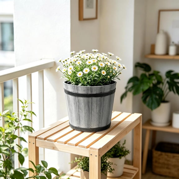 Wood Grain Effect Plastic Flower Pot With Base Tray,Lightweight Break-Resistant Planter for Plant Green Plant Home Courtyard Gardening Decor(Gray)