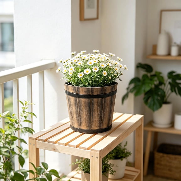 Wood Grain Effect Plastic Imitation Barrel Planter, Wear-Resistant Thickened Plastic, Rustic Barrel Appearance, Multi-Purpose Home Pot for Green Plants & Balcony Gardening Arrangement