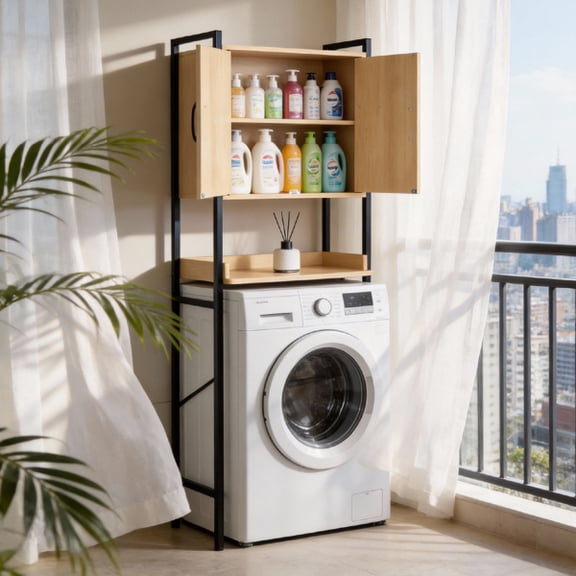 Wood Grain Embossed Over-Toilet Storage Cabinet, MDF Melamine Veneer Bathroom Wall Cabinet with Square Tube Support, Double Doors & Adjustable Inner Shelf