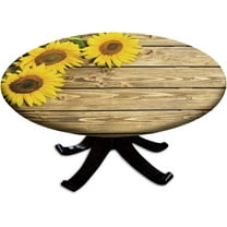 Wood Grain Farm Style Round Fitted Tablecloth for Dining Room Table, Sunflower Elastic Edge Table Cover for Outdoor Picnic Patio Birthday Party or Indoor Table Decor Fits Tables Up to 44" Diameter