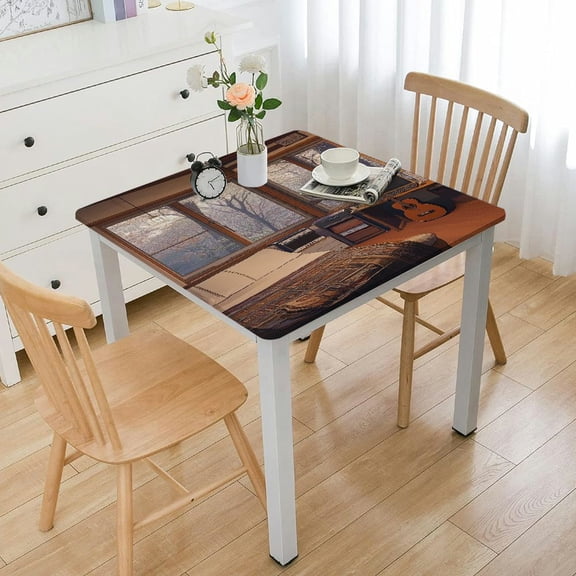 Wood Grain Fitted Tablecloth Square, Black Wood Grain Elastic Edge Home Decor Table Cover Stain Resistant Washable Polyester Tablecloths for Garden Patio Picnic Party, Fits Inch Table