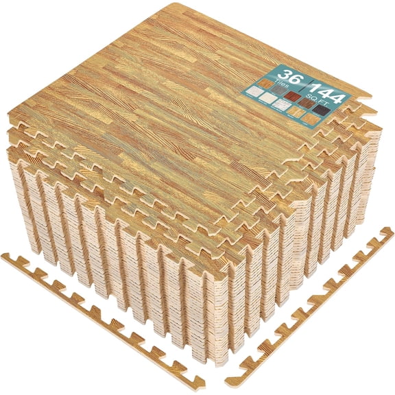 Wood Grain Floor Tiles Foam Mat EVA Interlocking Mats Tile 3/8-Inch Thick Flooring Wood Puzzle Exercise Mats w/Borders - Home Playroom Basement, Apartment, Trade Show, Baby, Dance