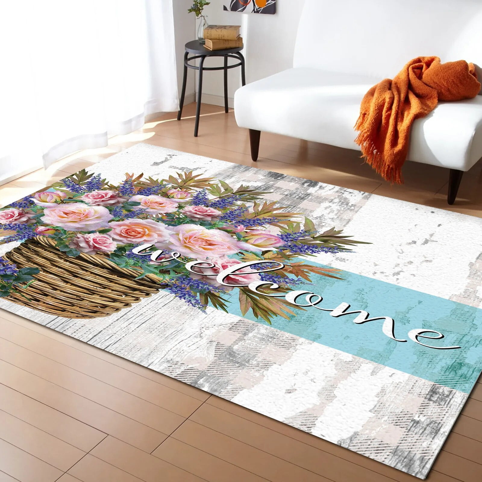 Wood Grain Flowers Roses Retro Carpet Area Rug Children's Room Living