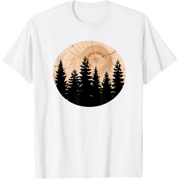 Wood Grain Full Moon Retro Sunset Pine Trees Nature T-ShirtMen and women, White T-shirt, size: Extra large