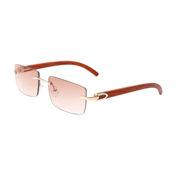 Wood Grain & Gold Rimless Square Sunglasses, UV Protection Brown Gradient Lens Shades, Trendy Fashion Shades for Wome