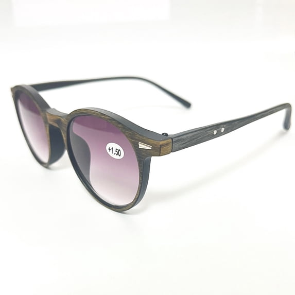 Wood Grain Gray Temple Reading Glasses Sunglasses 3.50 for Women Men Gradient Gray Vintage Round Readers UV +3.50 Strength