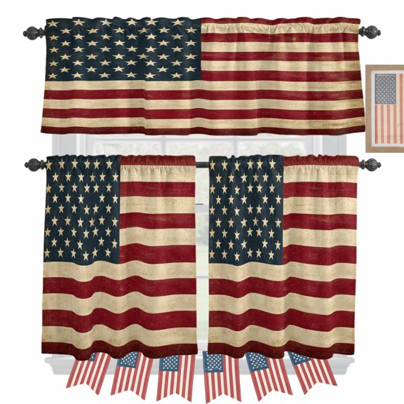 Wood Grain Kitchen Curtains Valances 3 Piece Set, American Flag Vintage USA Flag Rod Pocket Tier Curtain and Valance Drapes for Small Window 24 Inch Length for Bedroom Cafe