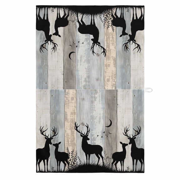Wood Grain Kitchen Towels Dish Towel Pack of 1 Deer Herd Silhouettes Rustic Slate Gray Wooden Striped Soft Dish Cloth Set Absorbent Dishcloth for Drying Dishes, Hand Towels 18 x 28 Inches