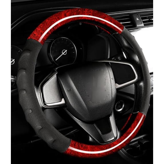 Wood Grain Leather Steering Wheel Cover Anti-Slip Breathable Durable Four Seasons Universal 15 Inch Fit Car Handle Wheel Cover