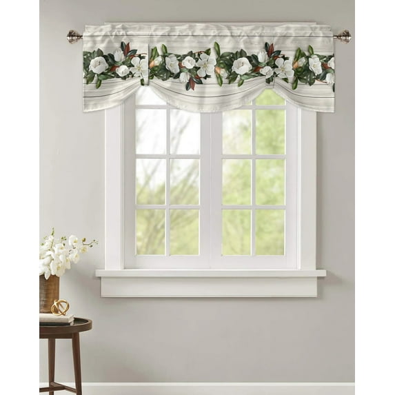 Wood Grain Magnolia Plant Flowers Window Valance Curtain Kitchen Cafe Short Curtains Living Room Tie-Up Valance Curtain