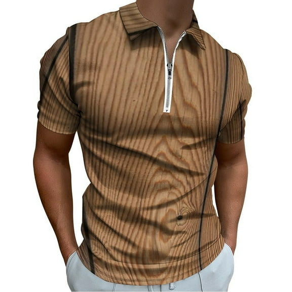 Wood Grain Men Zipper T-shirt Summer Casual Short Sleeve T-shirt Top