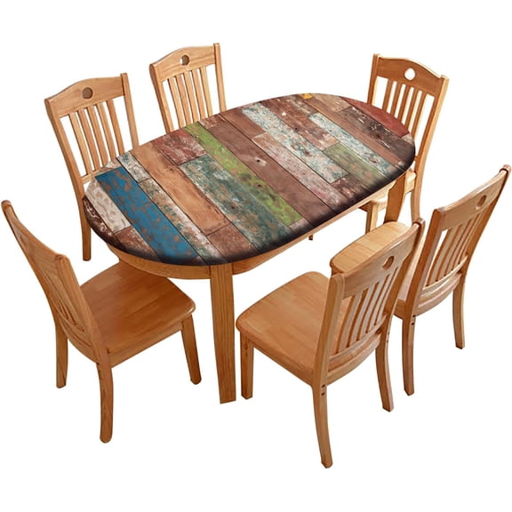 Wood Grain Oval Fitted Tablecloths, Wooden Boards Print Elastic Edged Table Cover, Windproof Cloths for Indoor Outdoor Dining Decor, 48" x 68" (Oval)