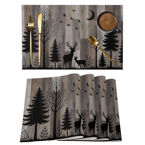 Wood Grain Placemats Set of 1, Stag Silhouette Forest Pine Tree Rustic Khaki Wooden Striped Non-Slip Place Mats Washable Table Mats for Kitchen Dining Table Decorations Indoor/Outdoor