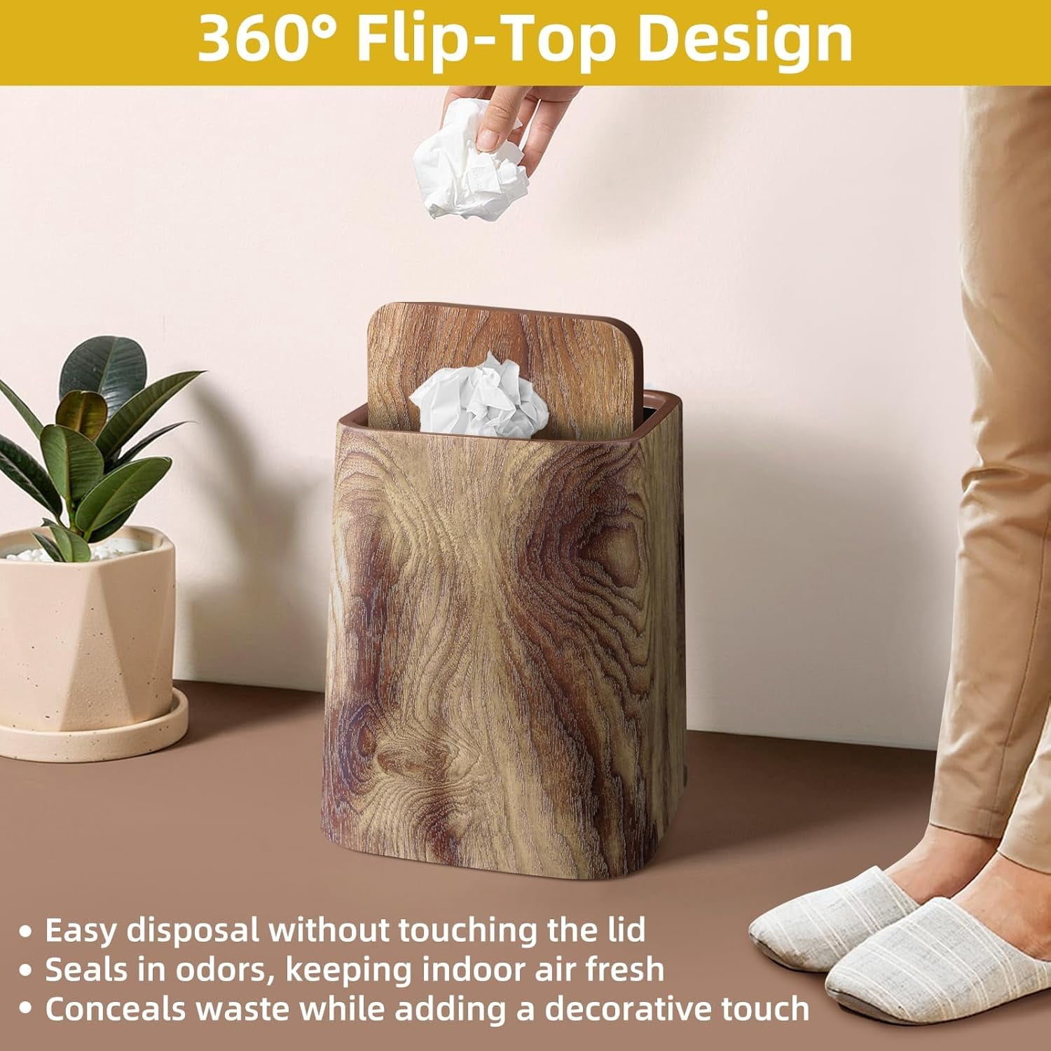 Wood Grain Plastic Swing Top Lid, 4Gal/15L Farmhouse Wastebasket Bin ...
