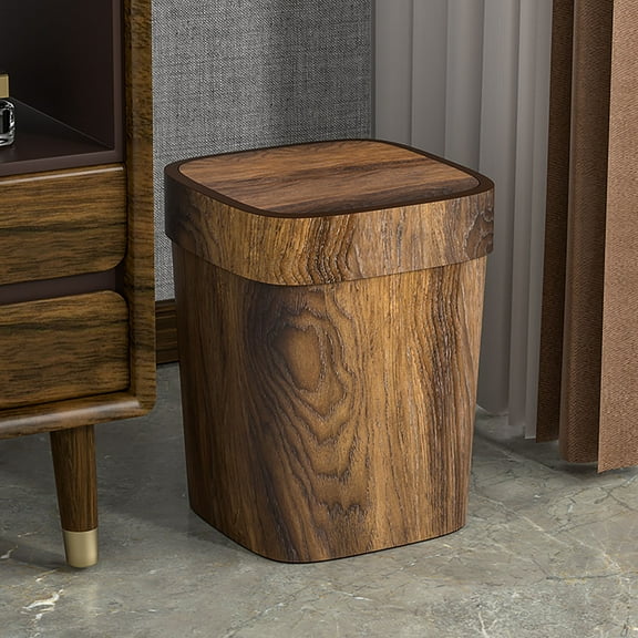 Wood Grain Can Swing Top Lid,3 Gal Farmhouse Wastebasket Bin Retro Style with Inner Bucket,Bathroom Can Hidden Bag for Room ,Square Brown Garbage Can