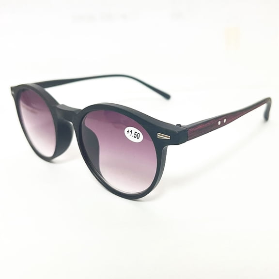 Wood Grain Red Temple Reading Glasses Sunglasses 3.50 for Women Men Gradient Gray Vintage Round Readers UV +3.50 Strength