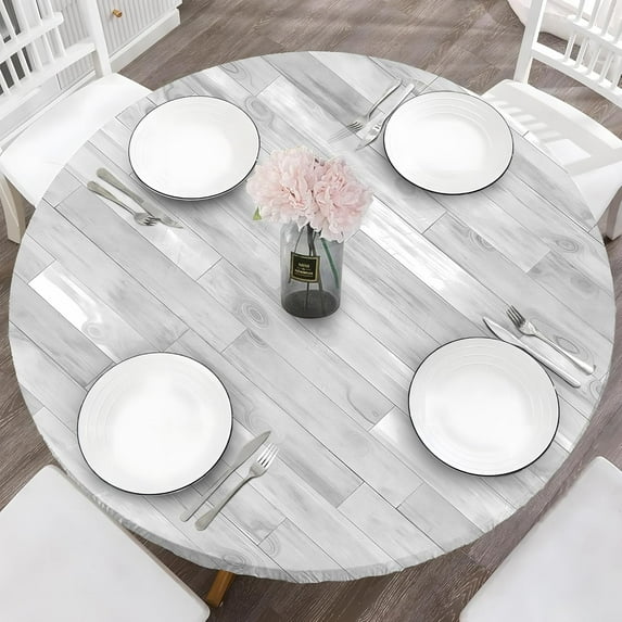 Wood Grain Round Vinyl Fitted Tablecloth with Elastic Edged, Waterproof Oil Proof Wipeable Table Cover for Indoor Outdoor Patio Table, Fits Round Tables Up to 40" - 44" Diameter