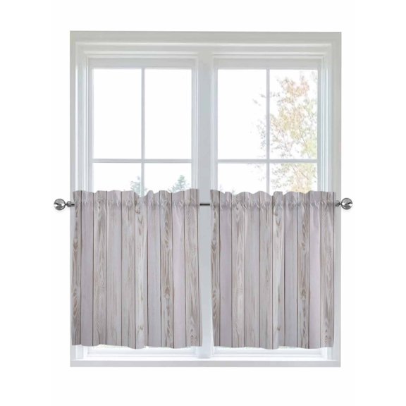 Wood Grain Rustic Kitchen Curtains Tier 24 Inch Length, Farmhouse Striped Wooden Plank Rod Pocket Light Filtering Window Curtains Living Room Bedroom Curtain Drapes Cafe Curtain 27.5''x24''x2