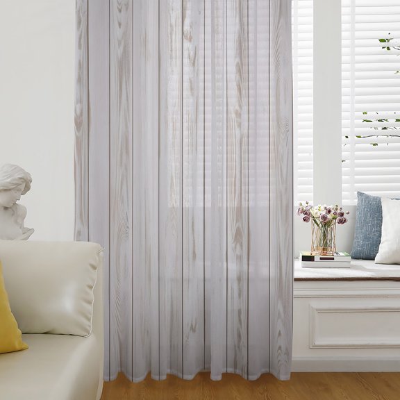 Wood Grain Rustic Semi Sheer Curtains Drapes for Living Room, Bedroom, French Doors Window 45 Inches Long, Farmhouse Striped Wooden Plank Rod Pocket Chiffon Curtain Drapery Voile Draperies Panel