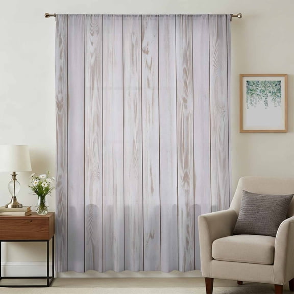 Wood Grain Rustic Sheer Curtains 45 Inches Long, Farmhouse Striped Wooden Plank Light Filering Curtains, Breathable Simi Curtain Privacy Drapes for Kitchen Bathroom Lightweight Small Window Treatment