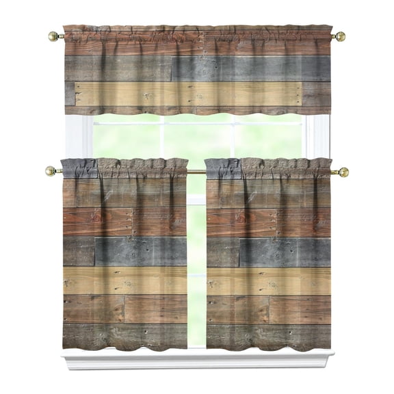 Wood Grain Rustic Wood Texture Kitchen Curtains Set, Weathered Wood Wooden Pattern Vintage Hardwood Texture Rustic Wood Grain Pattern Natural Wood Texture Background Farmhouse Style Window Treatment