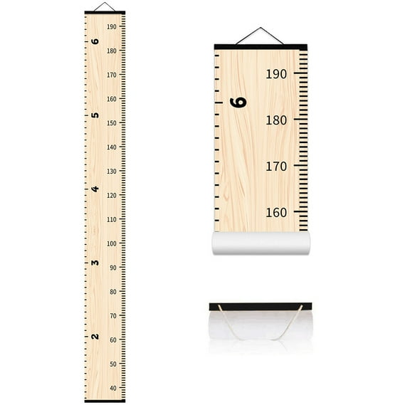 Wood Grain Scroll Hanging Height Measurement for Kids Ruler Wooden Frame Growth Chart for Nursery Girls Boys Playroom Girls Boys Playroom 63 x 7.9in