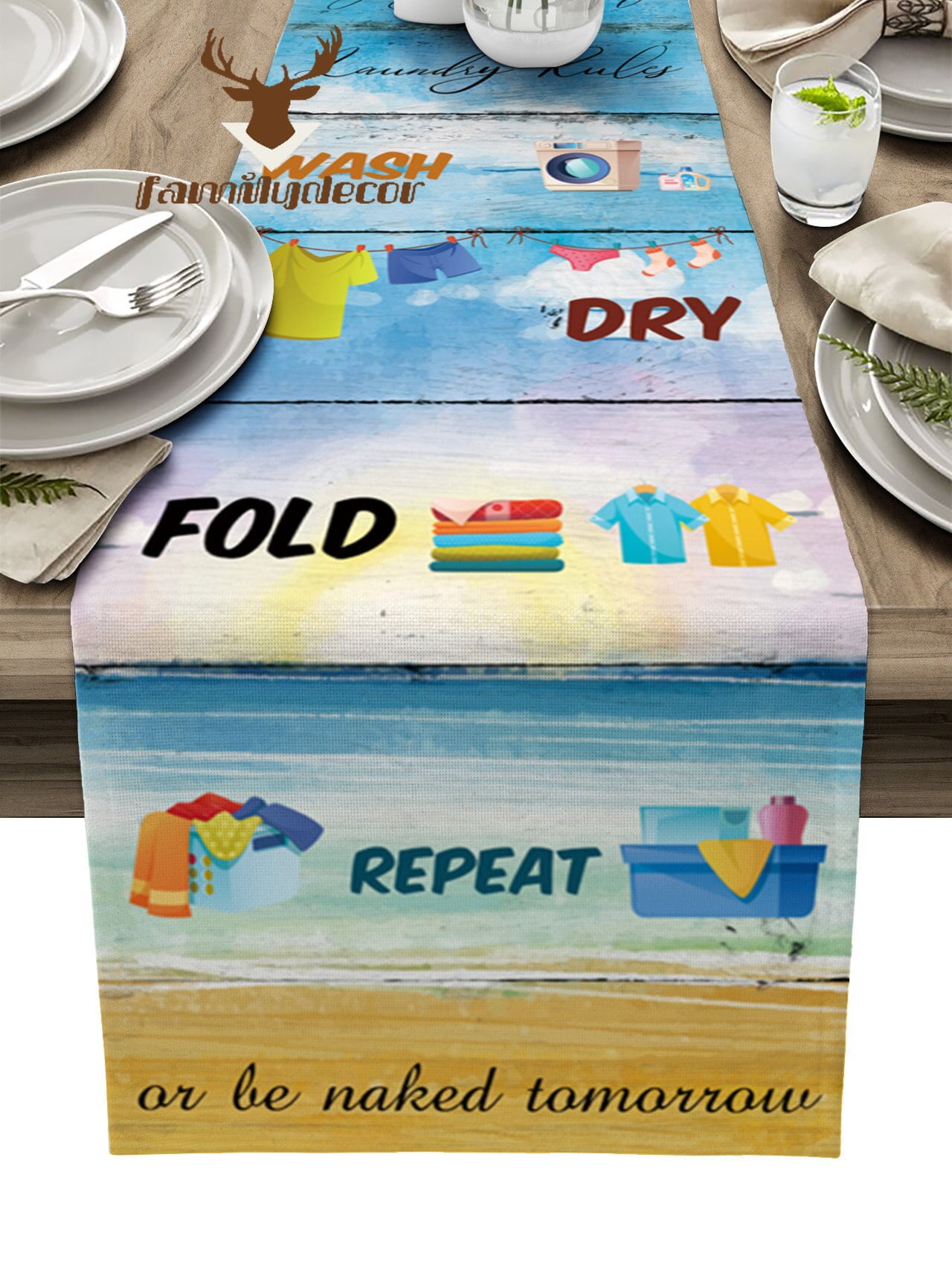Wood Grain Sea Beach Watercolor Laundry Rules Table Runner Home Wedding