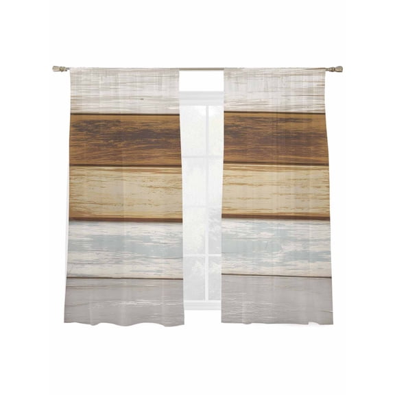 Wood Grain Sheer Curtains 2 Panels Set Brown Gray White Striped Farm Country Style Sheer Window Curtains Light Filtering Rod Pocket Voile Drapes for Bedroom Living Room 52"x63"