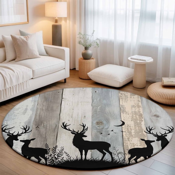 Wood Grain Small Round Rug 3Ft Deer Herd Silhouettes Rustic Slate Gray Wooden Striped Area Rugs Washable Non Slip Indoor Floor Mats Circle Carpet for Living Room Bedroom Dining Room Home Decor
