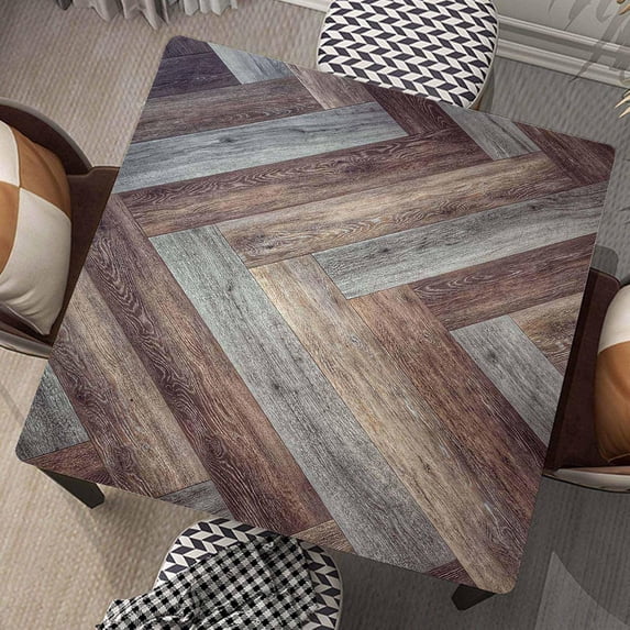 Wood Grain Square Tablecloth Fitted Table Cover with Elastic Edge Wooden Board Cloth Washable Tablecloths Wipe Clean for Indoor Outdoor Home Farmhouse, Fit for 32"x32" Tables, Style-13