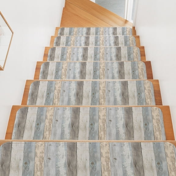 Wood Grain Stair Treads Non Slip for Steps Rustic Slate Gray Wooden Striped Rustic Farmhouse 15 Pcs Reusable Adhesive Stair Runner Mats for Dogs Elders Carpet Treads Rugs for Staircase 8x30 In