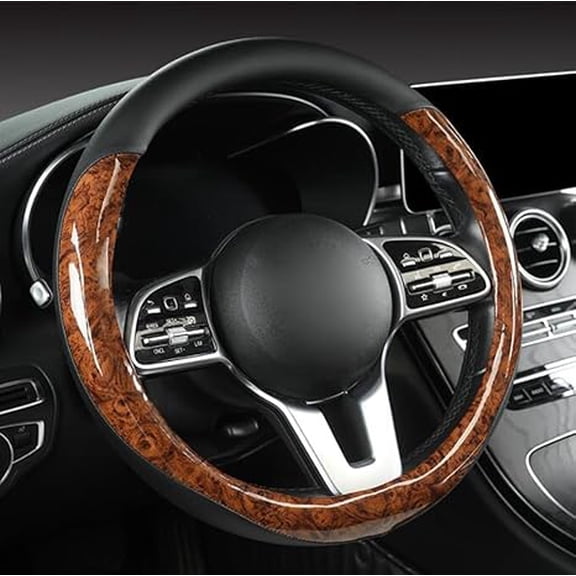 Wood Grain Steering Wheel Cover Microfiber Leather Breathable Anti Slip Universal Protector 14.5-15 inch Car Interior Accessories for Women Men, Black Coffee