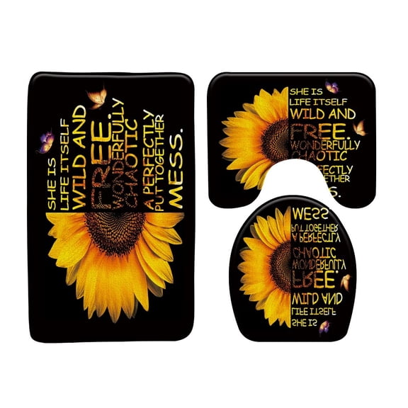 Wood Grain Sunflower Letters Inspirational Quotes Bath Mat 3 Set Bathroom Rugs Carpet Anti-Slip Toilet Mats Bathroom Products