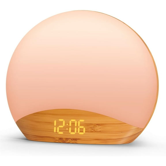 Wood Grain Sunrise Alarm Clock and Sound Machine Nightlight, Digital Dimmable Clock for Bedroom, 26 Sleep Sounds, White Noise Machine for Baby, Adults, Wake Up Light Alarm Clock for Kids