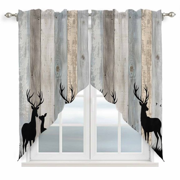 Wood Grain Swag Curtain Valance for Windows, Deer Herd Silhouettes Rustic Slate Gray Wooden Striped Window Treatments Short Swag Topper for Kitchen Windows Bathroom Bedroom, 36"x36"