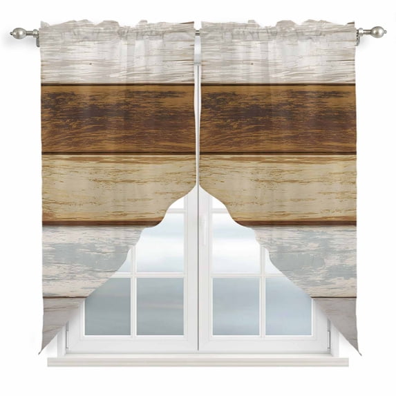 Wood Grain Swag Valances for Windows 2 Pack Brown Gray White Striped Farm Country Style Swag Kitchen Curtains 36 Inches Long Rod Pocket Short Window Treatment for Kitchen Bathroom 28"x36"