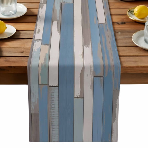 Wood Grain Table Runner, Blue White Mottled Texture Distressed Kitchen Table Runners Dress Scarves for Table Decorations Party/Restaurant/Indoor Outdoor Use, 13x72in