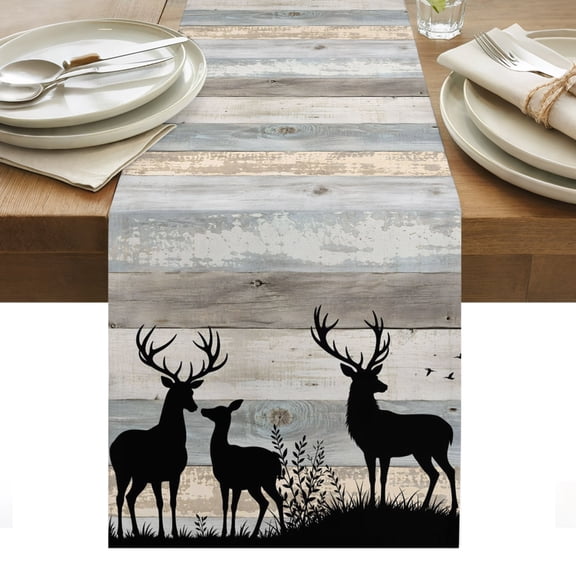 Wood Grain Table Runner, Deer Herd Silhouettes Rustic Slate Gray Wooden Striped Washable Kitchen Table Runners Dress Scarves for Dining Table Decorations Party/Restaurant/Indoor Outdoor Use, 13x36in