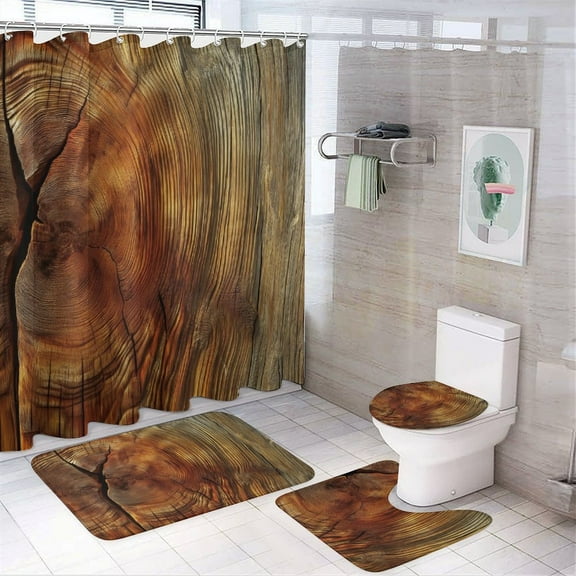 Wood Grain Texture Shower Curtain Sets with Non-Slip Rug, Toilet Lid Cover And Bath Mat，Shower Curtain Sets with 12 Hooks, Shower Curtain for Bathroom Set Decor