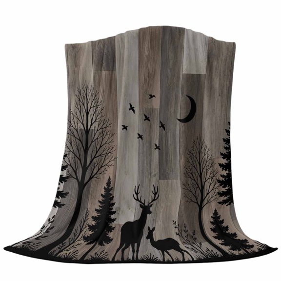 Wood Grain Throw Flannel Blanket Stag Silhouette Forest Pine Tree Rustic Khaki Wooden Striped Super Soft Cozy Bed Blanket, Lightweight Plush Fuzzy Bed Throw for Bedroom Sofa Couch Living Room 30x40in