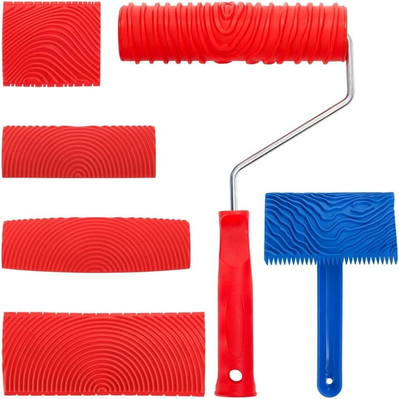 Kabuer 6 Pcs Wood Grain Tool Set, Fake Wood Grain Roller Painting Tool with Handle DIY Rubber Graining Tool