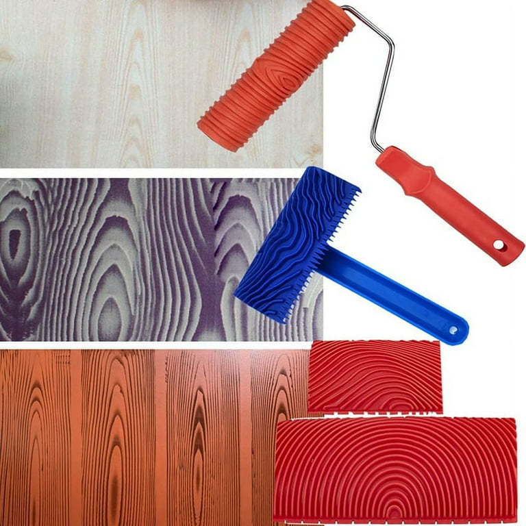 Wood Grain Tools, 4pcs Wood Grain Roller Painting Tools Texture Pattern with Handles Texture Tool Paint,For Wall Room, Size: 7 in, Red