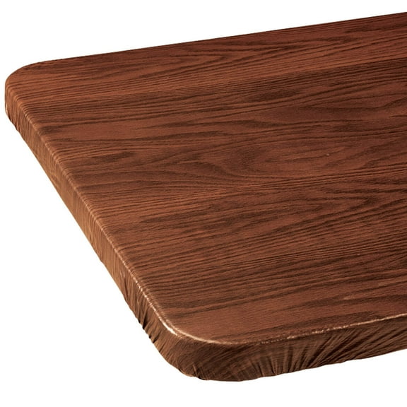 Wood Grain Vinyl Elasticized Banquet Table Cover, Soft Fleece Back, Indoor Décor - Measures 60" x 30" Oblong, Mahogany