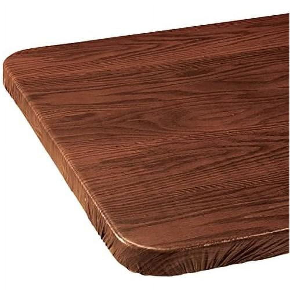 Wood Grain Vinyl Elasticized Banquet Table Cover, Soft Fleece Back