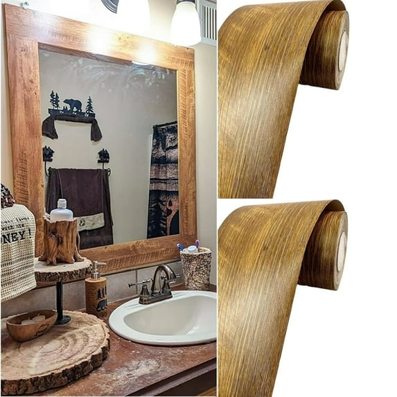 Wood Grain Wallpaper Border,3.9 in*16.4 ft Waterproof Self Adhesive Wallpaper,Bathroom Mirror Frame Border Sticker,Removable Desk Repair Tape for Bedroom Wall Windows Doors Decor,2 Roll,Brown