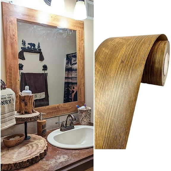 Wood Grain Wallpaper Border,Brown Waterproof Self Adhesive Wallpaper,Removable PVC Desk Repair Tape,Bathroom Mirror Frame Border Sticker for Bedroom Home Wall Windows Doors Decor,3.9 in*16.4 ft